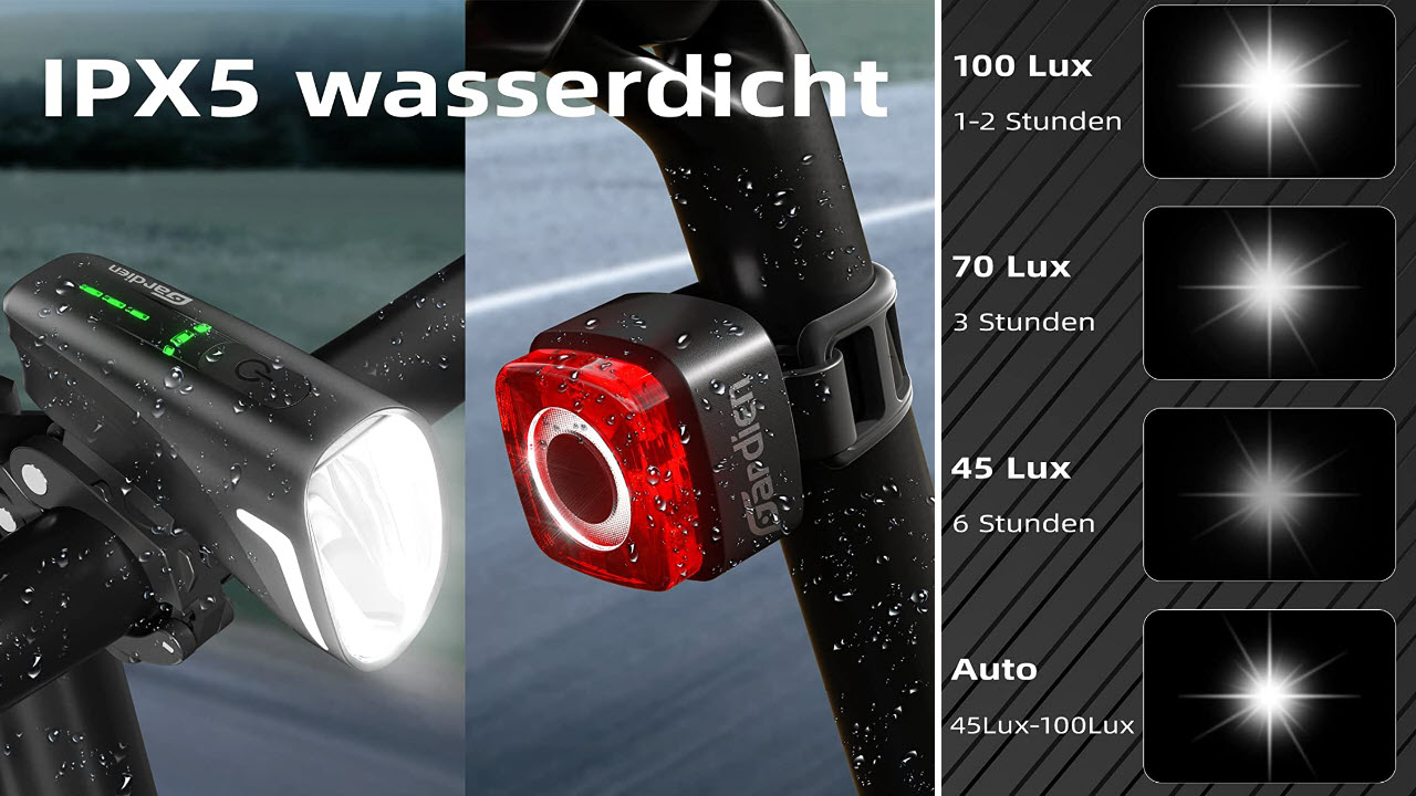 Gardien LED Fahrradlicht Set , 100 LUX USB Fahrradbeleuchtung Set mit 4 Licht-Modi Aufladbar Fahrradlampe, Fahrradlicht Set Fahrradlampe vorne Rücklicht Set Fahrrad Licht IPX5 Wasserdicht