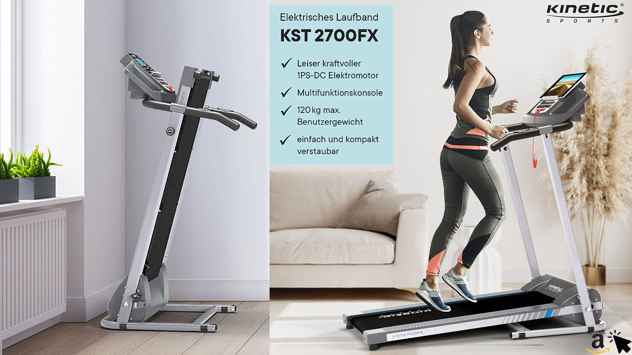 Kinetic Sports KST2700FX Laufband elektrisch klappbar, Leiser 1PS-DC Elektromotor bis 10 kmh,13 Programme GEH- Lauftraining, Pulsmessung, Multifunktionale Konsole LCD Display & Tablet Halterung