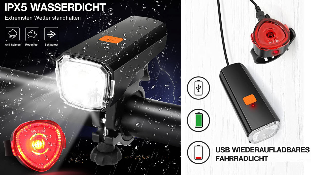 LED Fahrradlicht Set, Fahrradbeleuchtung STVZO Zugelassen Fahrradlampe USB Aufladbar und Wasserdicht Fahrrad Licht mit Frontlicht und Rücklich