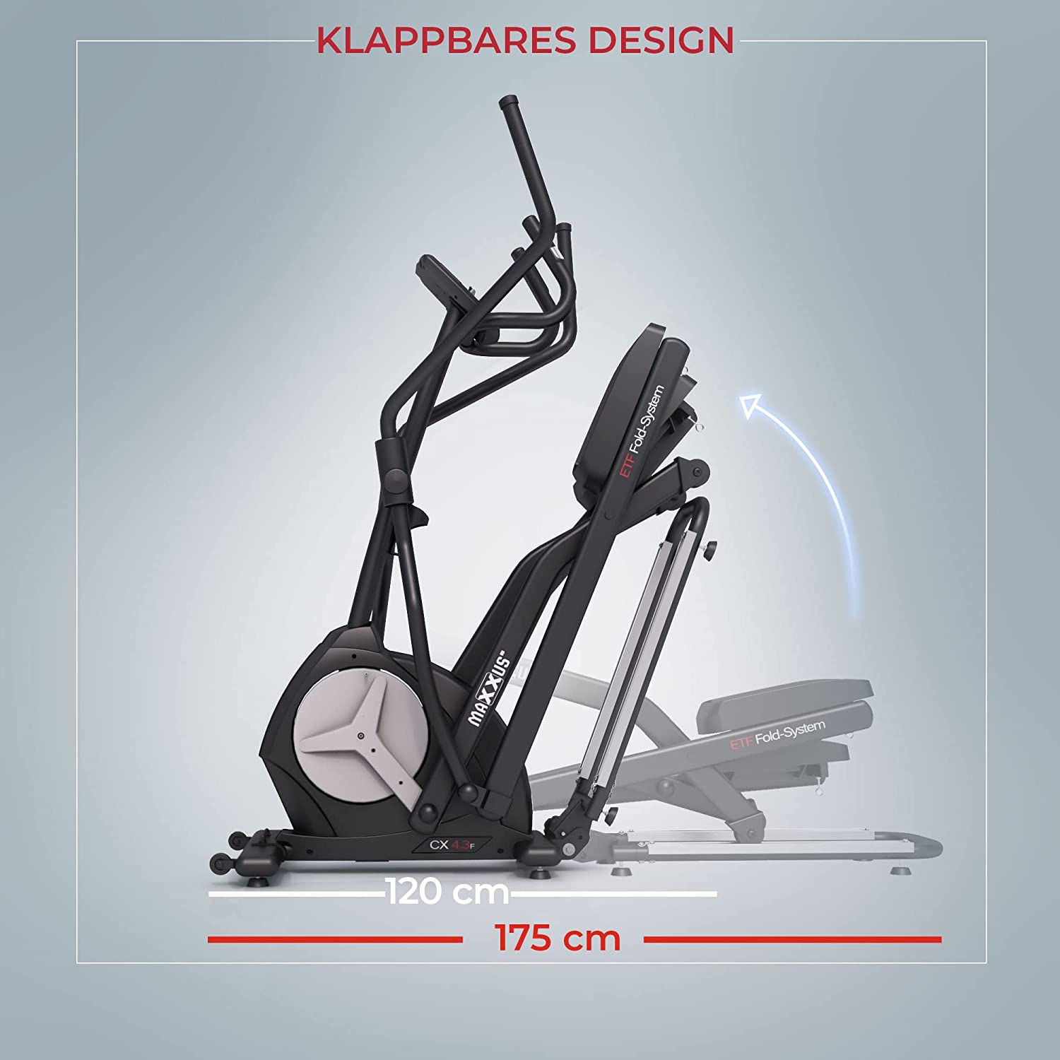 MAXXUS Crosstrainer CX 4.3f - Klappbar, TÜV, 24 kg Schwungmasse, 16 Widerstandsstufen, 12 Programme, Magnetbremse, 135 kg, LCD-Display, App, Tablet-Halterung - Ellipsentrainer für Zuhause