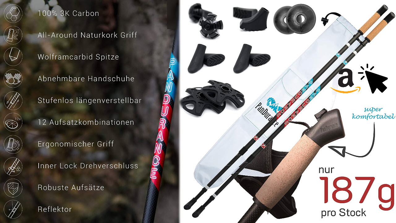PanDurance Teleskop Nordic Walking Stöcke verstellbar aus 3K Carbon mit Kork Griff