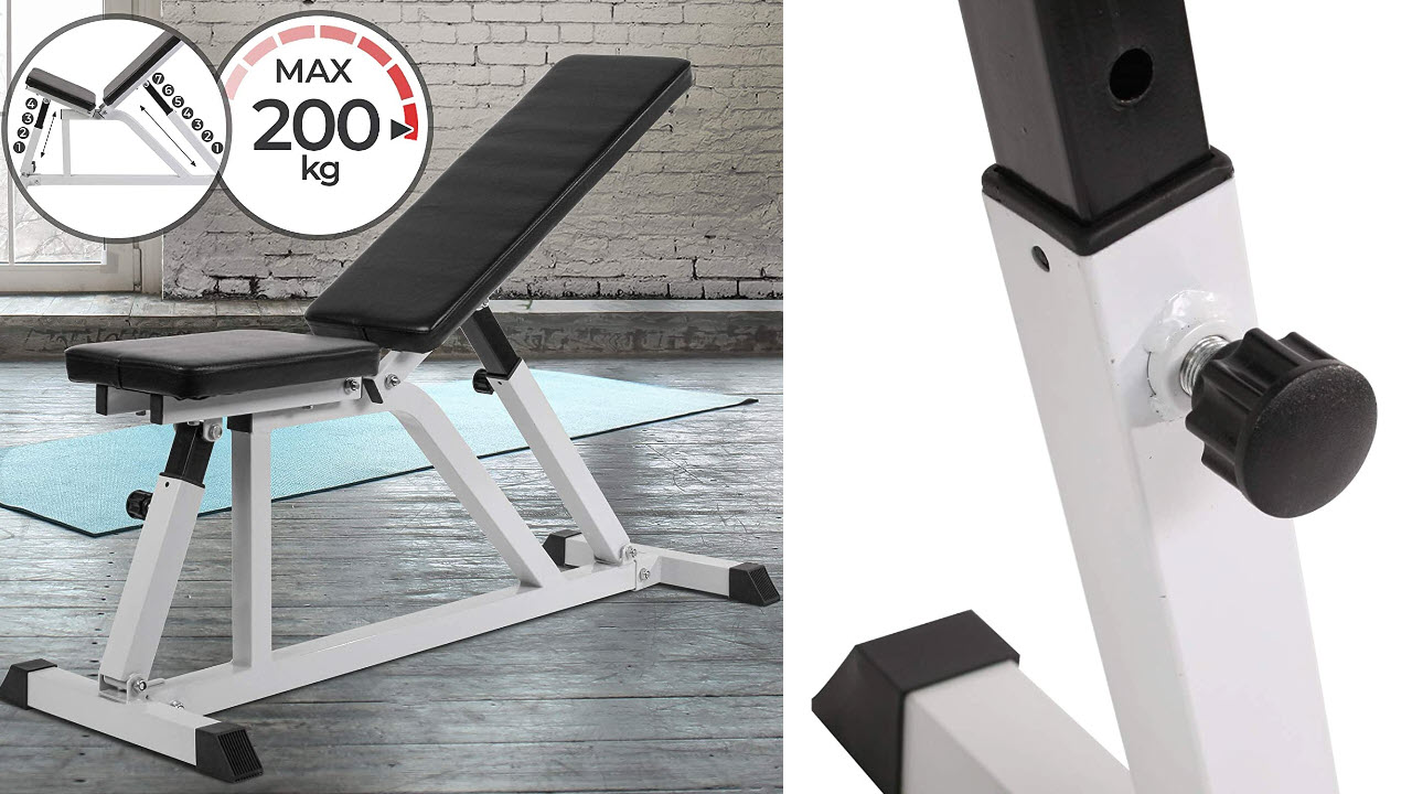 Physionics Hantelbank, Rückenlehne 7-Fach und Sitz 4-Fach verstellbar, klappbar, bis 200kg belastbar, Schrägbank, Flachbank, Trainingsbank