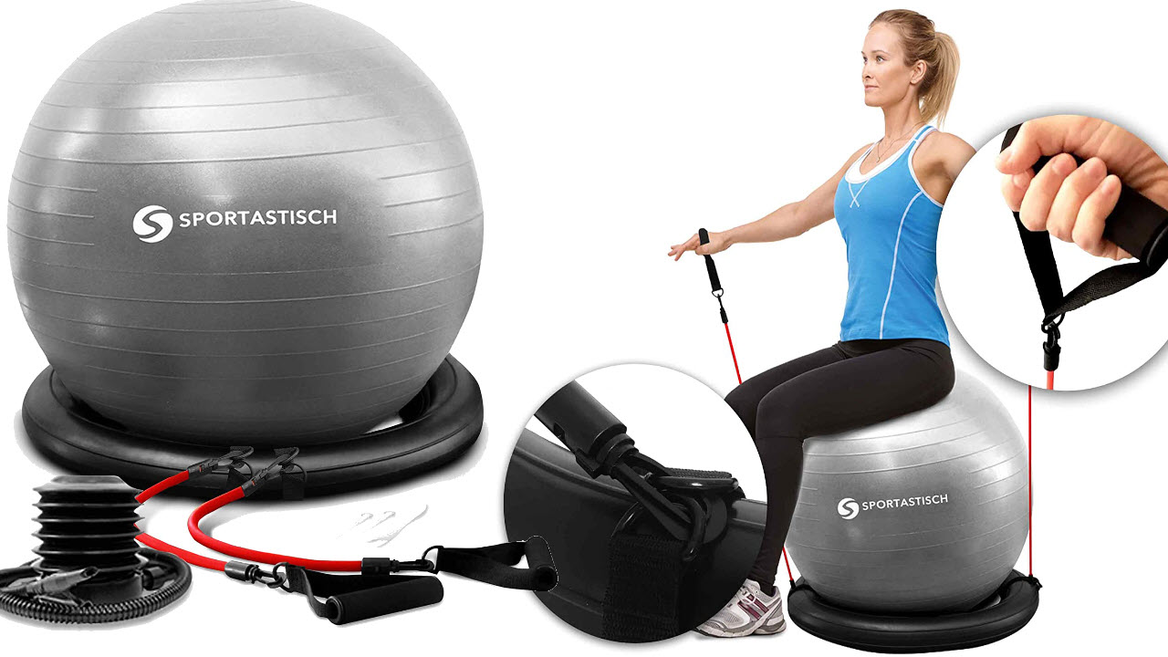 SPORTASTISCH Gymnastikball mit Ring Halterung & Widerstandsbändern, Workout Ball