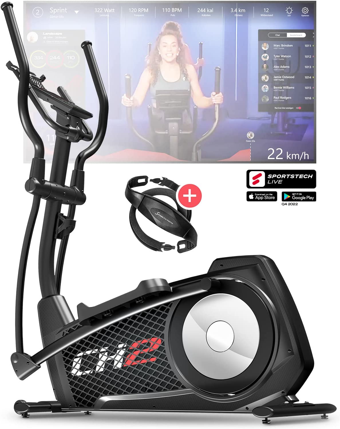 Sportstech CX2 Crosstrainer für Zuhause mit Stromgenerator, Interaktive Video-Events & Multiplayer-App, 27 kg Schwungmasse, mit Pulsgurt