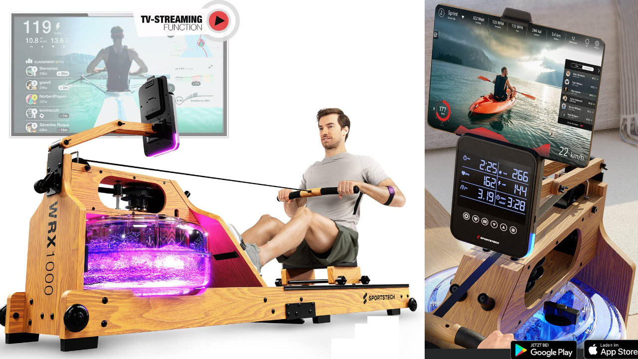 Sportstech WRX1000 Holz Wasser-Rudergerät mit LED-Wassertank, klappbar, APP Training